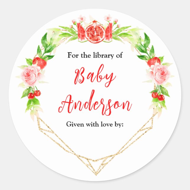 Watermelon Pomegranate Baby Shower Bookplate Classic Round Sticker (Front)