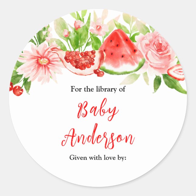 Watermelon Pomegranate Baby Shower Bookplate Classic Round Sticker (Front)