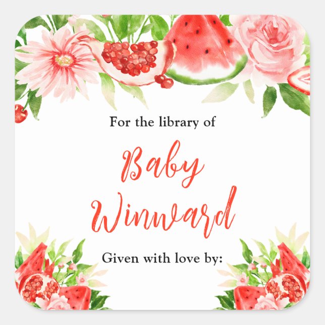 Watermelon Pomegranate Baby Shower Bookplate Square Sticker (Front)