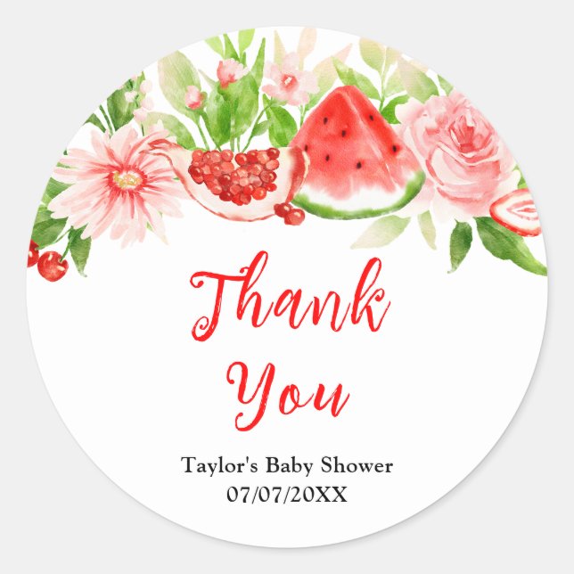 Watermelon Pomegranate Baby Shower Thank You Classic Round Sticker (Front)