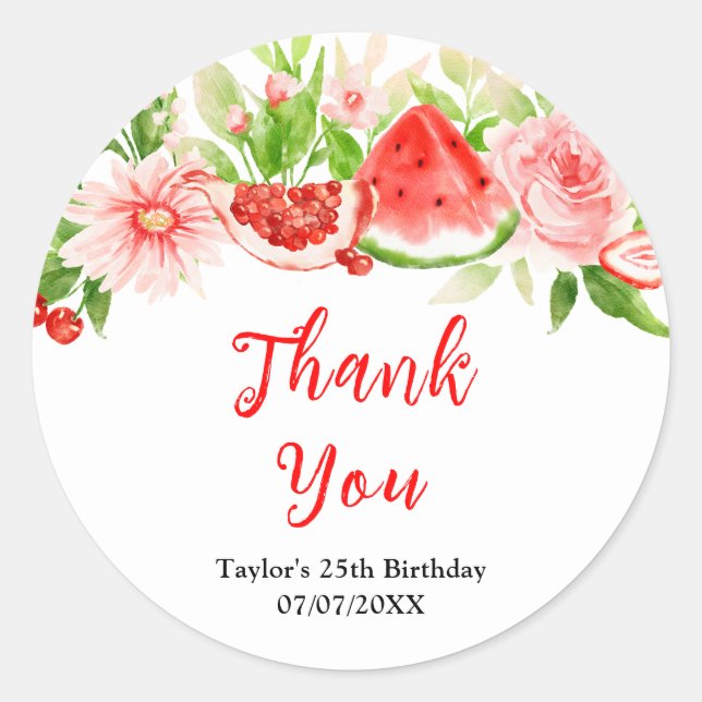 Watermelon Pomegranate Birthday Party Thank You Classic Round Sticker (Front)