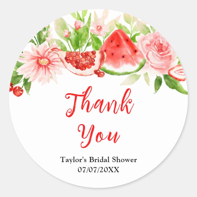 Watermelon Pomegranate Bridal Shower Thank You Classic Round Sticker (Front)