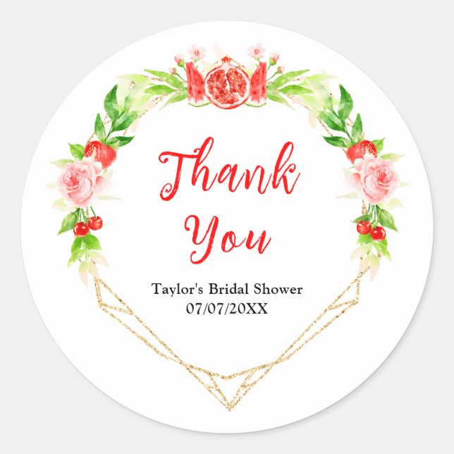 Watermelon Pomegranate Bridal Shower Thank You Classic Round Sticker (Front)