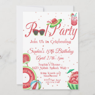 Watermelon Pool Party Birthday, Invitation