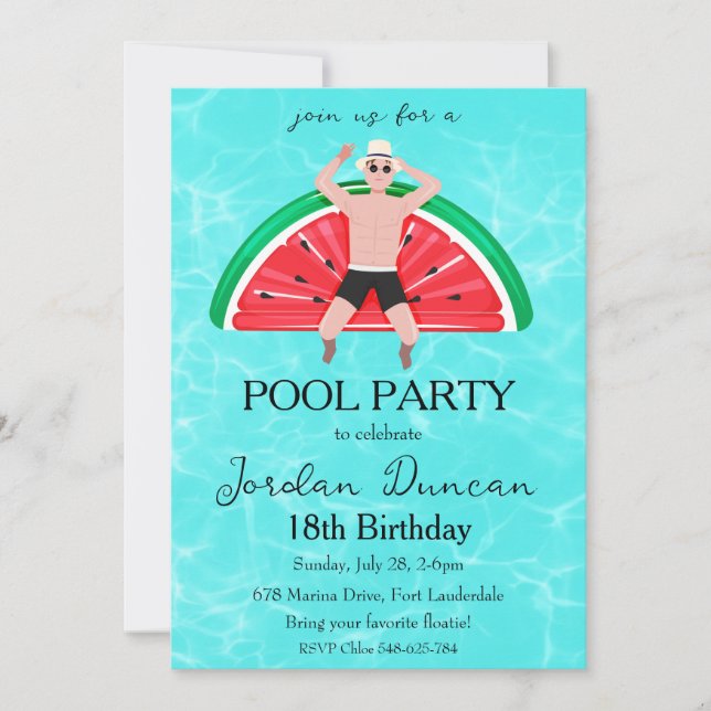 watermelon pool party birthday invitations (Front)