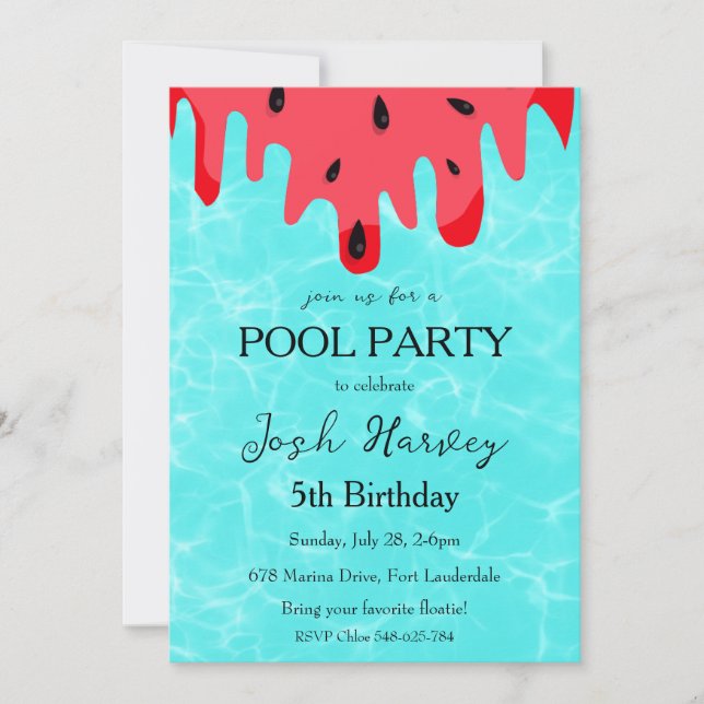 watermelon pool party birthday invitations (Front)