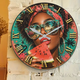 Watermelon Pop Luxury Fashion Tropical Woman Large Clock