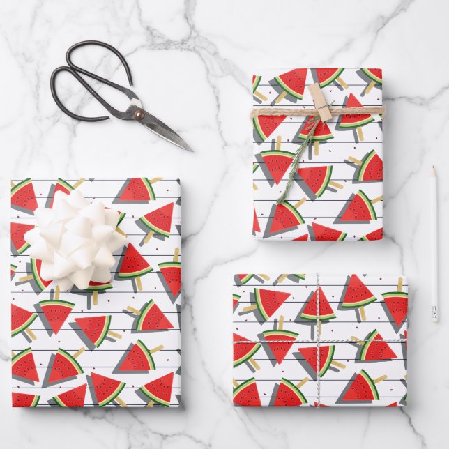 Watermelon Popsicles & Stripes Pattern Wrapping Paper Sheet (Front)