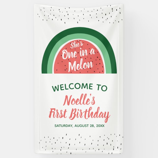 Watermelon Rainbow, She's One in a Melon 1st Bday Banner (Vertical)