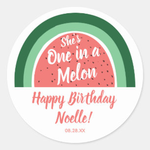 Watermelon Rainbow, She's One in a Melon, Birthday Classic Round Sticker