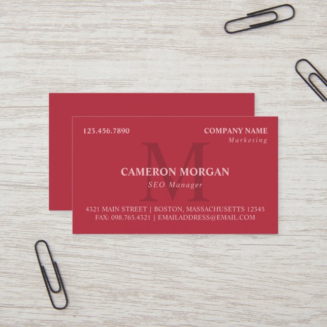 Watermelon Red Monogrammed Professional Business Card (Front/Back In Situ)