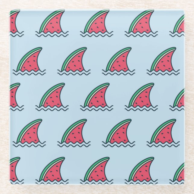 Watermelon shark: wave pattern design. glass coaster (Front)