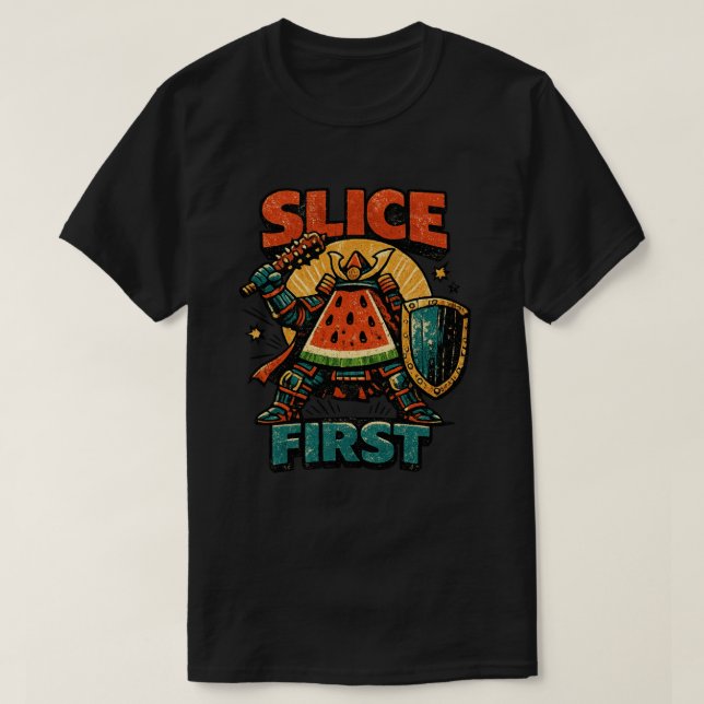 Watermelon Shogun – SLICE FIRST Retro Comic Style T-Shirt (Design Front)