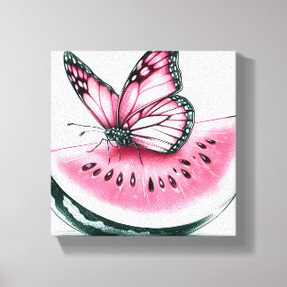 Watermelon Sketched Butterfly Canvas Wall Art
