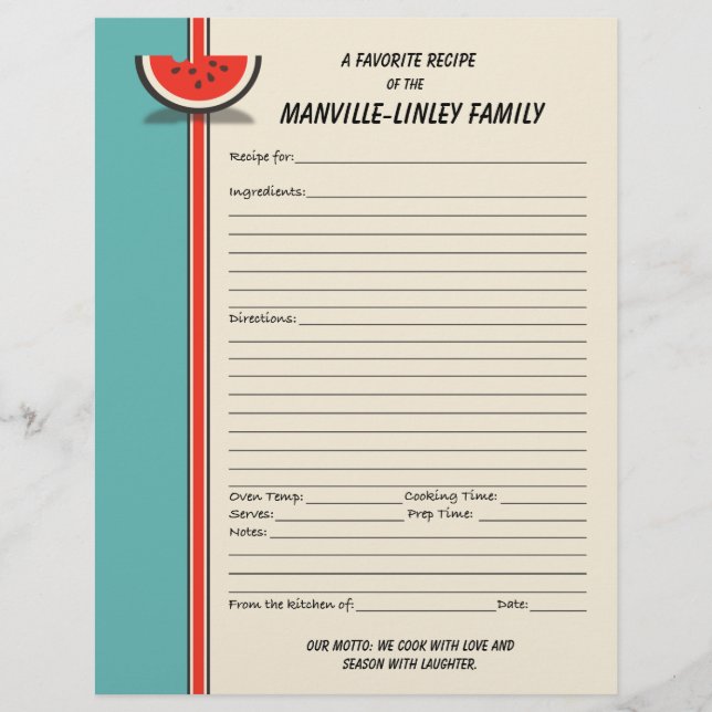 Watermelon Slice Custom Recipe Page (Front)
