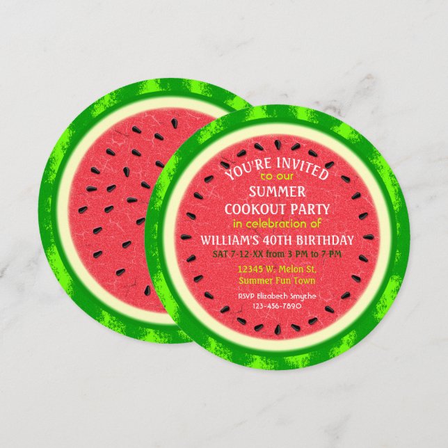 Watermelon Slice Summer Party Cookout or Birthday Invitation (Front/Back)