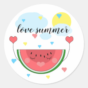Watermelon slice, text, "I love summer", Classic Round Sticker