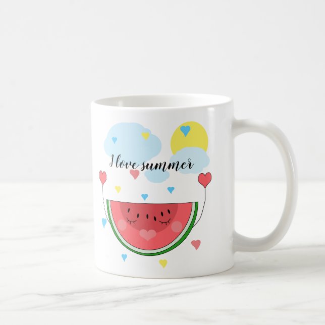 Watermelon slice, text, "I love summer", Coffee Mug (Right)