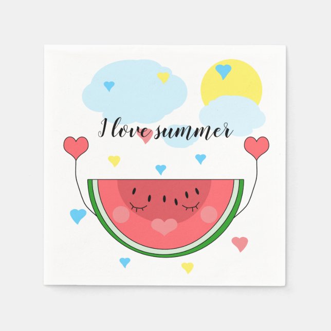 Watermelon slice, text, "I love summer", Napkin (Front)
