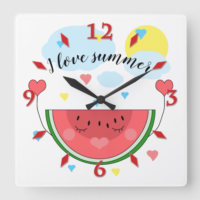 Watermelon slice, text, "I love summer" Square Wal Wall Clock (Front)