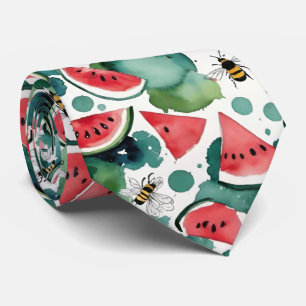 Watermelon Slices And Busy Bees Watercolor Tie
