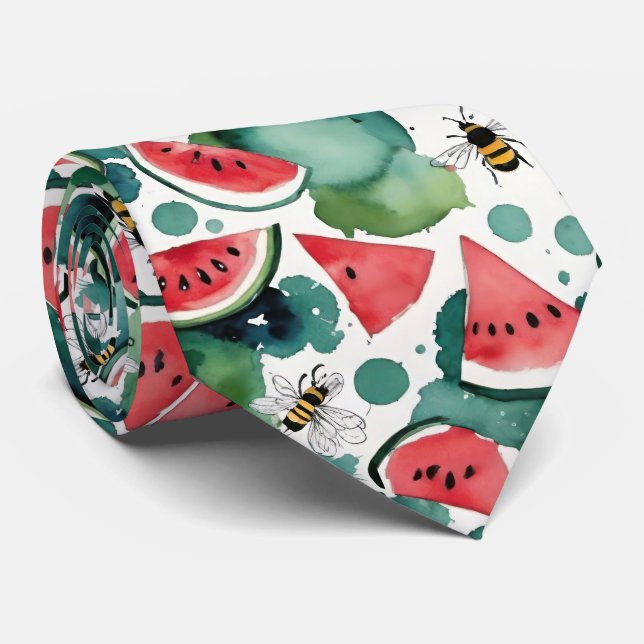 Watermelon Slices And Busy Bees Watercolor Tie (Rolled)