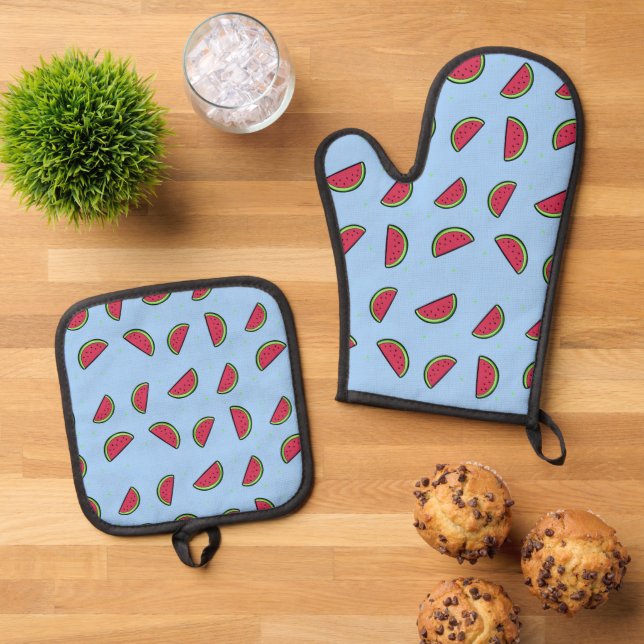Watermelon slices on blue oven mitt & pot holder set (Top Down)