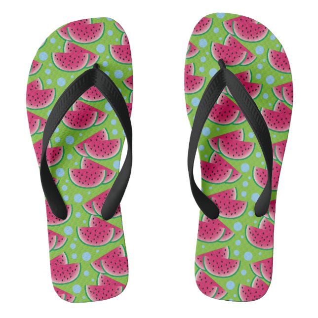 Watermelon Slices on Green with Blue Dots Flip Flops (Footbed)