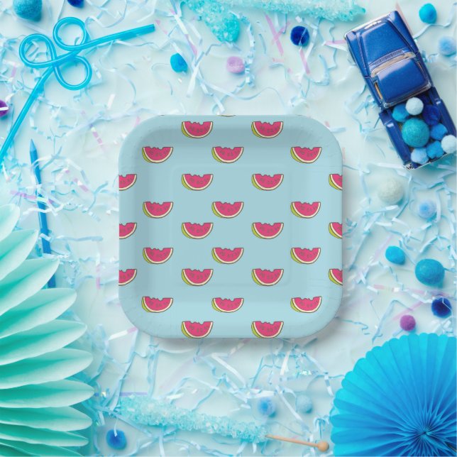 Watermelon Slices on Teal Pattern Paper Plate (Party)