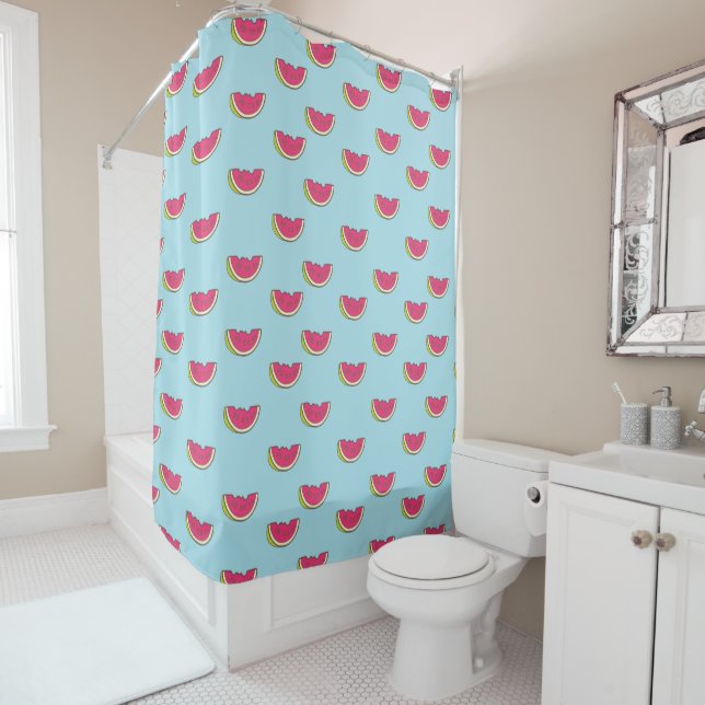 Watermelon Slices on Teal Pattern Shower Curtain (In Situ)