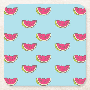 Watermelon Slices on Teal Pattern Square Paper Coaster