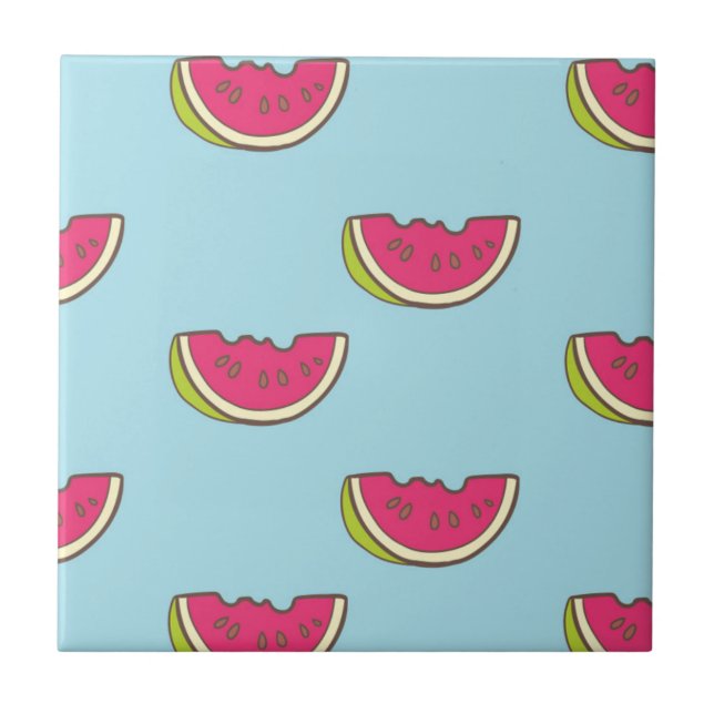 Watermelon Slices on Teal Pattern Tile (Front)