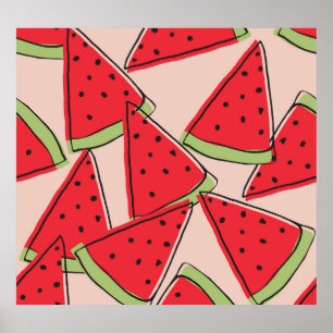 Watermelon Slices Pink Background Pattern Poster