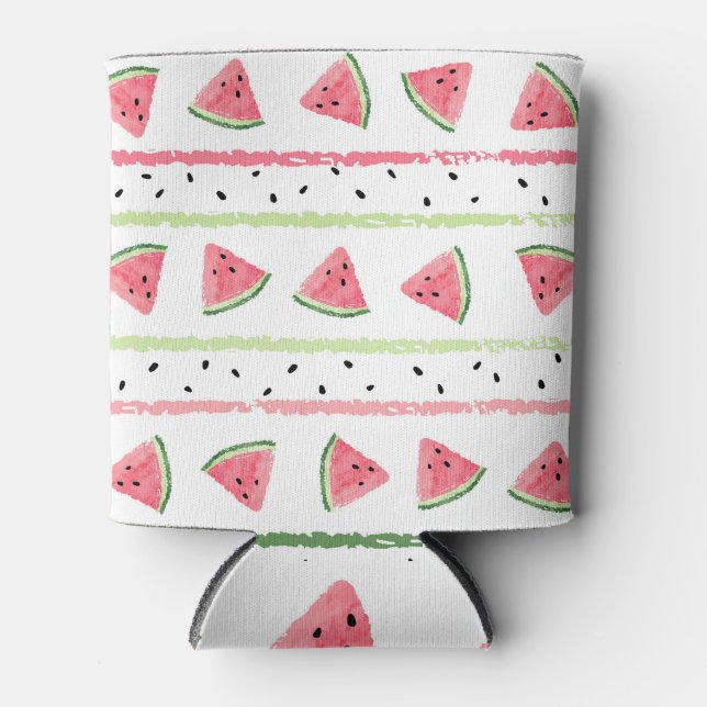 Watermelon Slices: Watercolor Striped Seamless Can Cooler (Front)