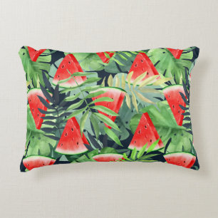 Watermelon slices with tropical leaves decorative cushion