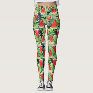 Watermelon slices with tropical leaves leggings