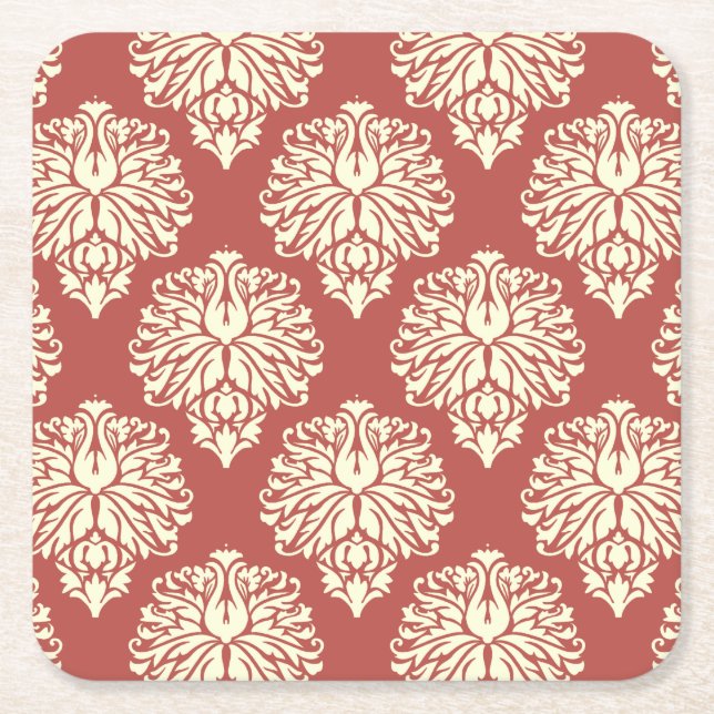 Watermelon Southern Cottage Damask Square Paper Coaster (Front)