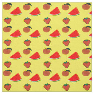 Watermelon, strawberries and peaches on yellow fabric