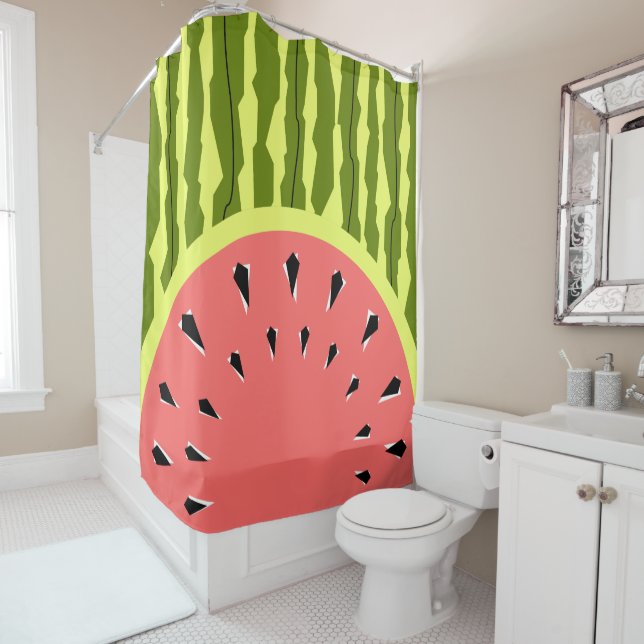 Watermelon Stripe Pink shower curtain (In Situ)
