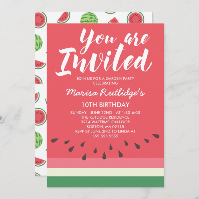 Watermelon Summer Birthday Party Invitation (Front/Back)