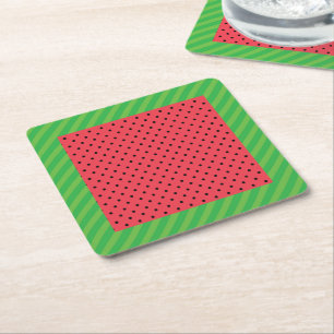 Watermelon summer fruit green, pink/black food  square paper coaster