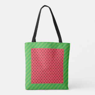 Watermelon summer fruit green, pink/black polka  tote bag
