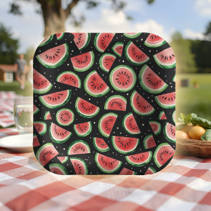 Watermelon Summer Party Juicy Watercolor On Black Paper Plate