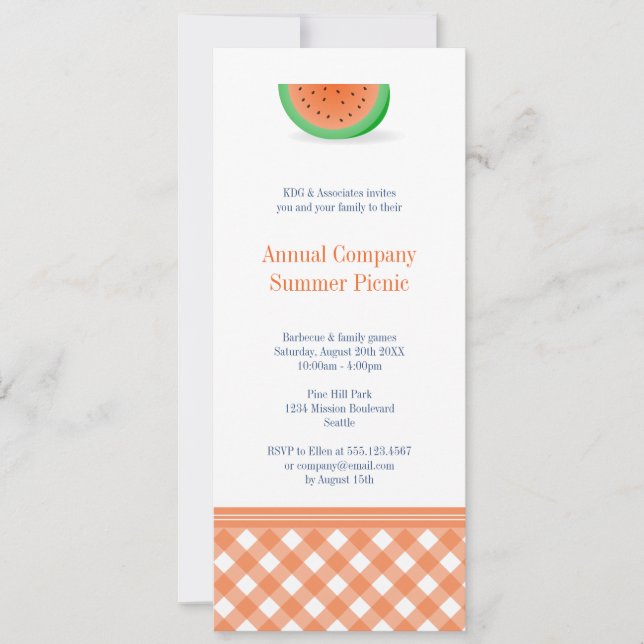 Watermelon summer picnic red gingham outdoor event invitation (Front)