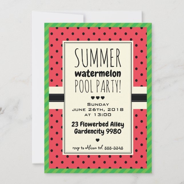 Watermelon summer pool party invitation polka dots (Front)