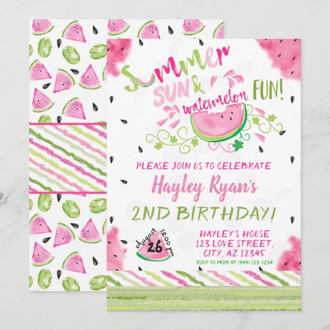 Watermelon Summer Sun Fun Any Age Birthday Invite (Front/Back)