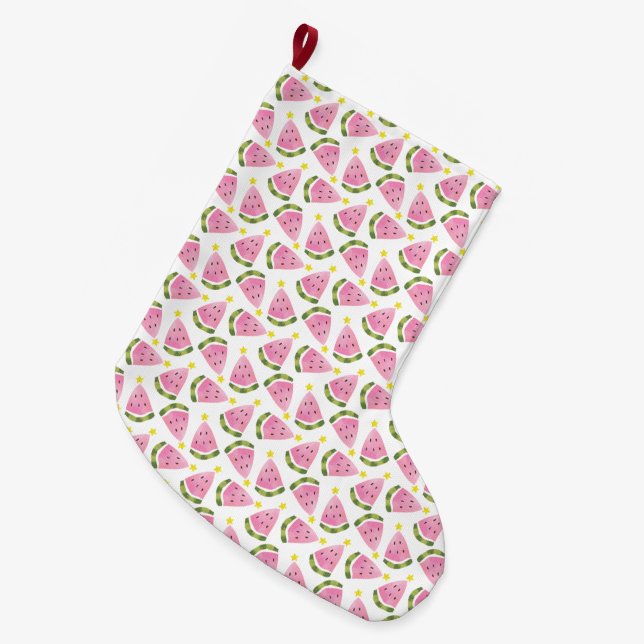 Watermelon Summer Xmas Tree  Large Christmas Stocking (Front (Hanging))