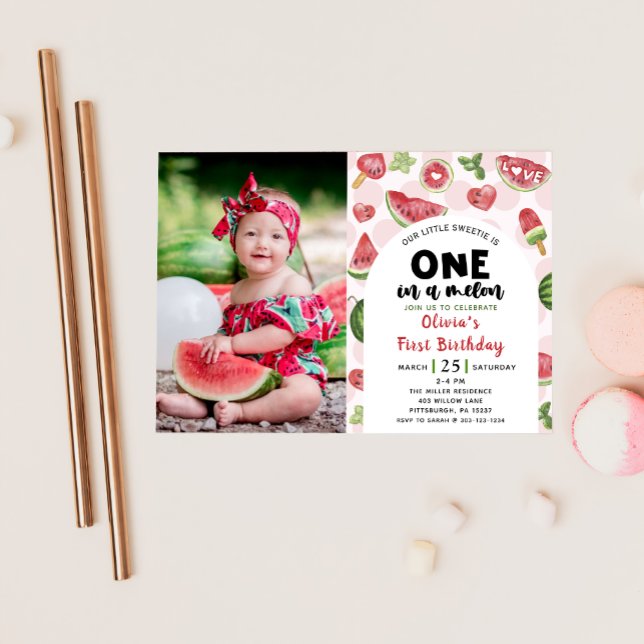 Watermelon Sweet Birthday 1st Birthday Party Photo Invitation (Creator Uploaded)