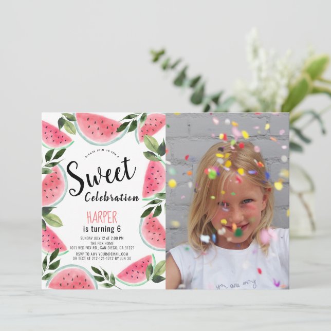 Watermelon Sweet Celebration Birthday Photo Invitation (Standing Front)
