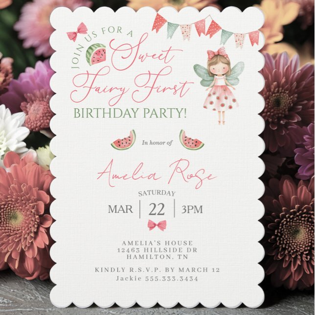 Watermelon Sweet Fairy First Birthday Party Invitation (Watermelon Sweet Fairy First Birthday Party Invitation)